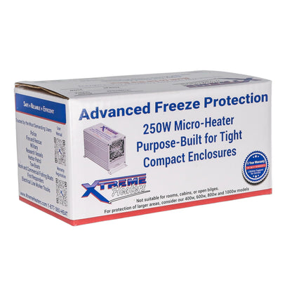 Box of Xtreme Hard Hat 250W micro-heater for advanced freeze protection on a white background